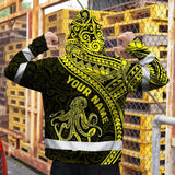 Hi Vis Hoodie Reflective Tapes Yellow Neon Hawaii Octopus Custom Name Safety Workwear For Workers, Truckers, Operators
