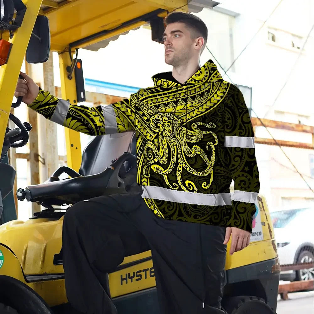 Hi Vis Hoodie Reflective Tapes Yellow Neon Hawaii Octopus Custom Name Safety Workwear For Workers, Truckers, Operators