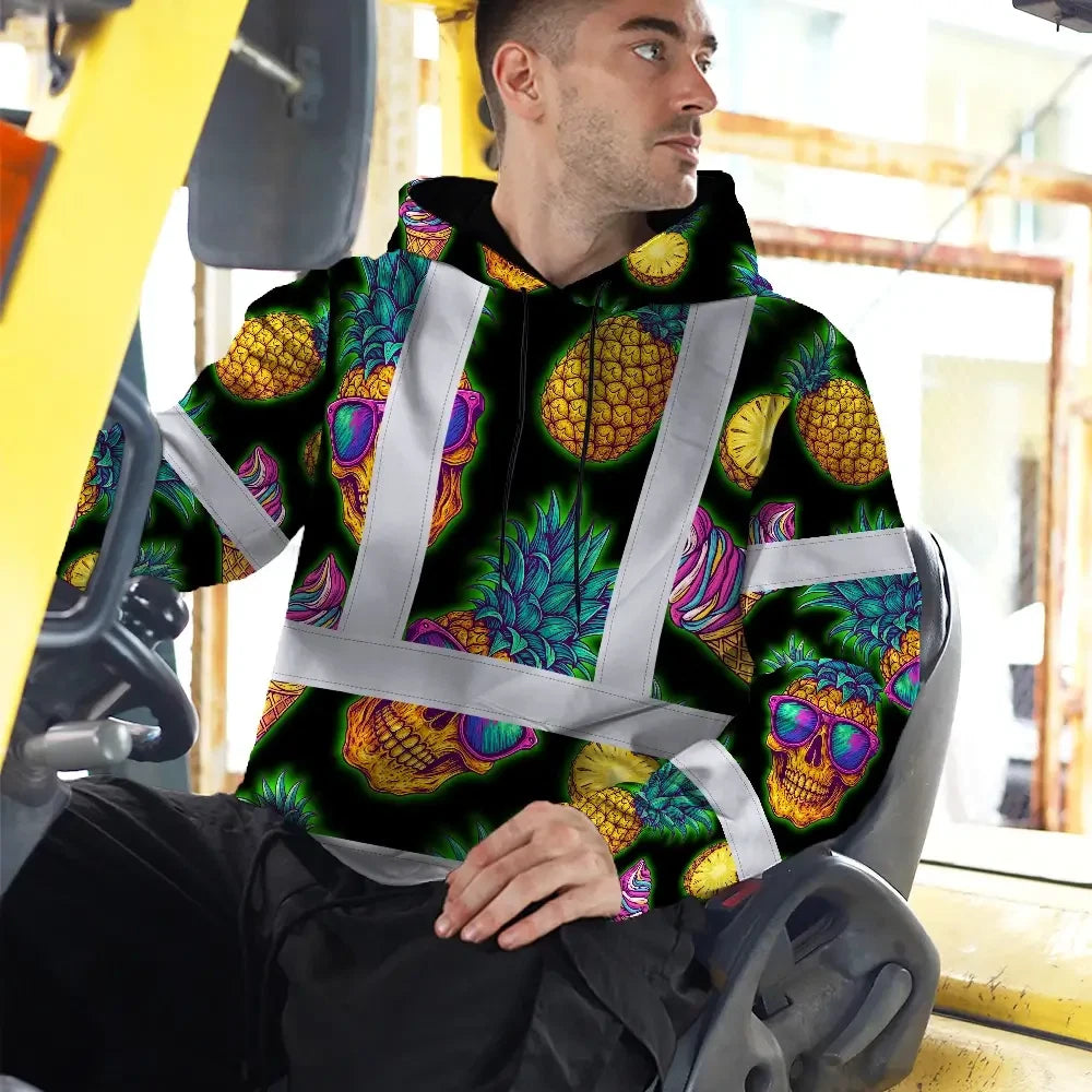 Hi Vis Hoodie Reflective Tapes Yellow Neon Skull Custom Name Safety Workwear For Workers, Truckers, Operators