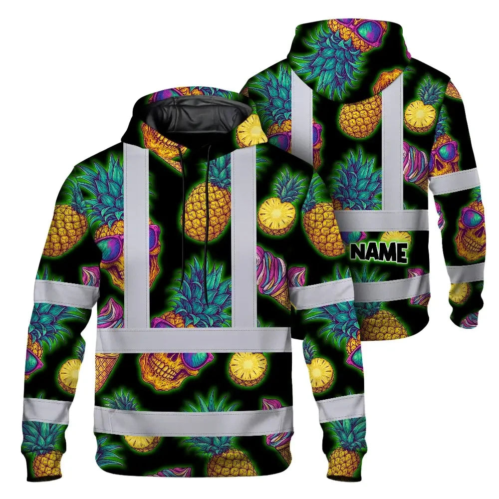 Hi Vis Hoodie Reflective Tapes Yellow Neon Skull Custom Name Safety Workwear For Workers, Truckers, Operators