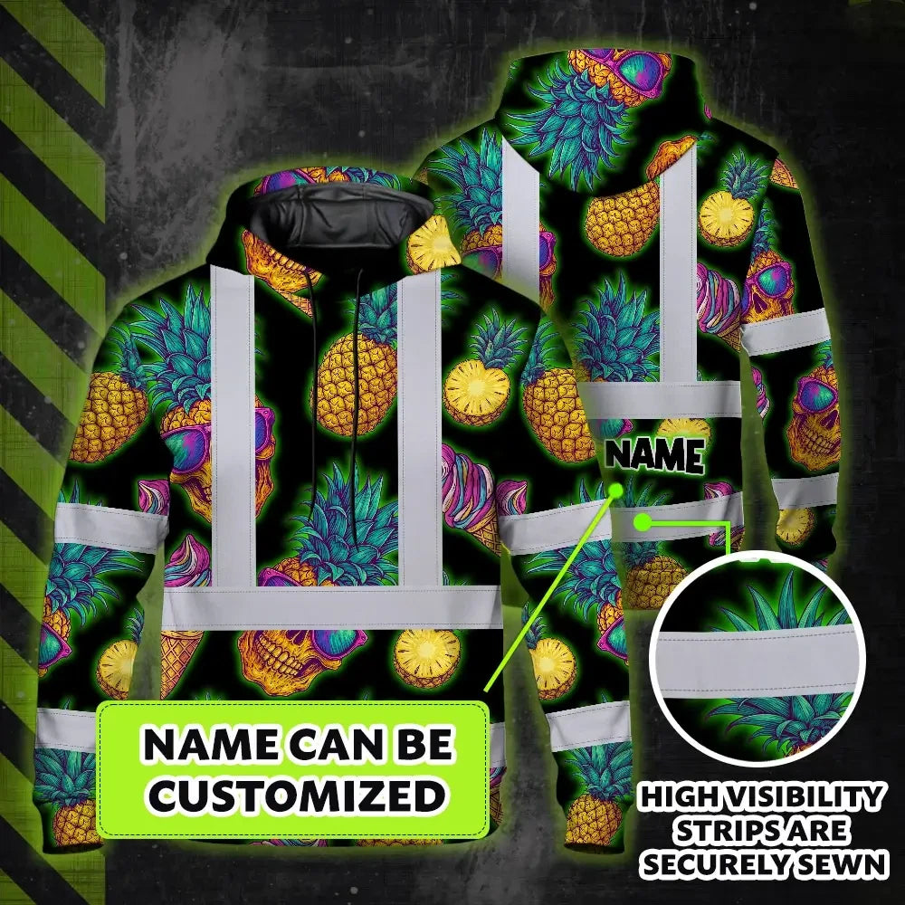 Hi Vis Hoodie Reflective Tapes Yellow Neon Skull Custom Name Safety Workwear For Workers, Truckers, Operators