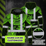 Hi Vis Hoodie Shirt Reflective Tapes Green Turtle Flower Hawaiian Polynesian Tribal Custom Name Safety Workwear For Workers, Truckers, Operators