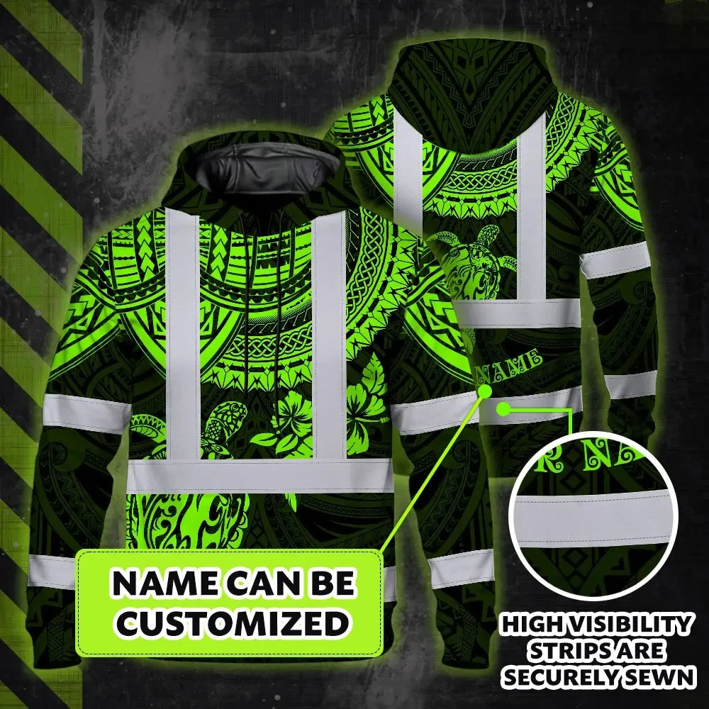 Hi Vis Hoodie Shirt Reflective Tapes Green Turtle Flower Hawaiian Polynesian Tribal Custom Name Safety Workwear For Workers, Truckers, Operators
