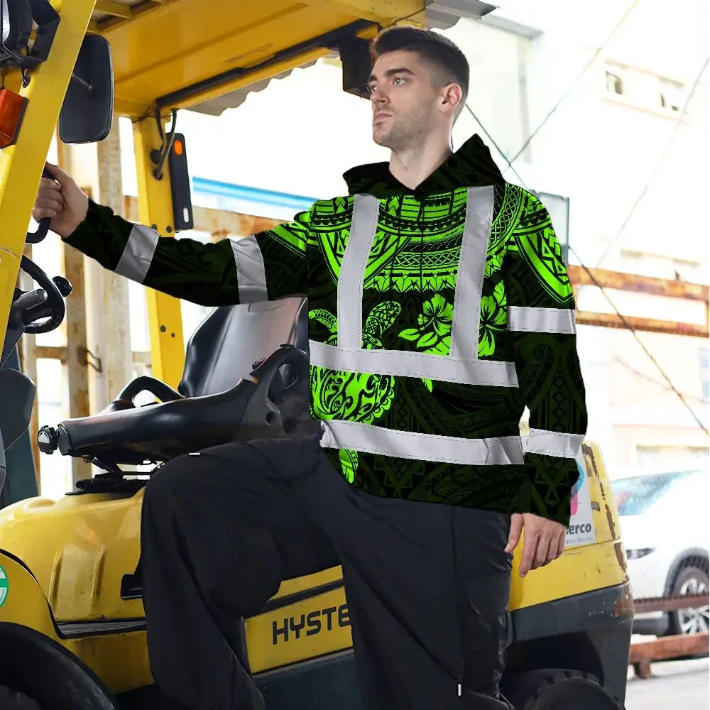 Hi Vis Hoodie Shirt Reflective Tapes Green Turtle Flower Hawaiian Polynesian Tribal Custom Name Safety Workwear For Workers, Truckers, Operators