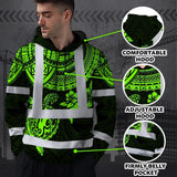 Hi Vis Hoodie Shirt Reflective Tapes Green Turtle Flower Hawaiian Polynesian Tribal Custom Name Safety Workwear For Workers, Truckers, Operators