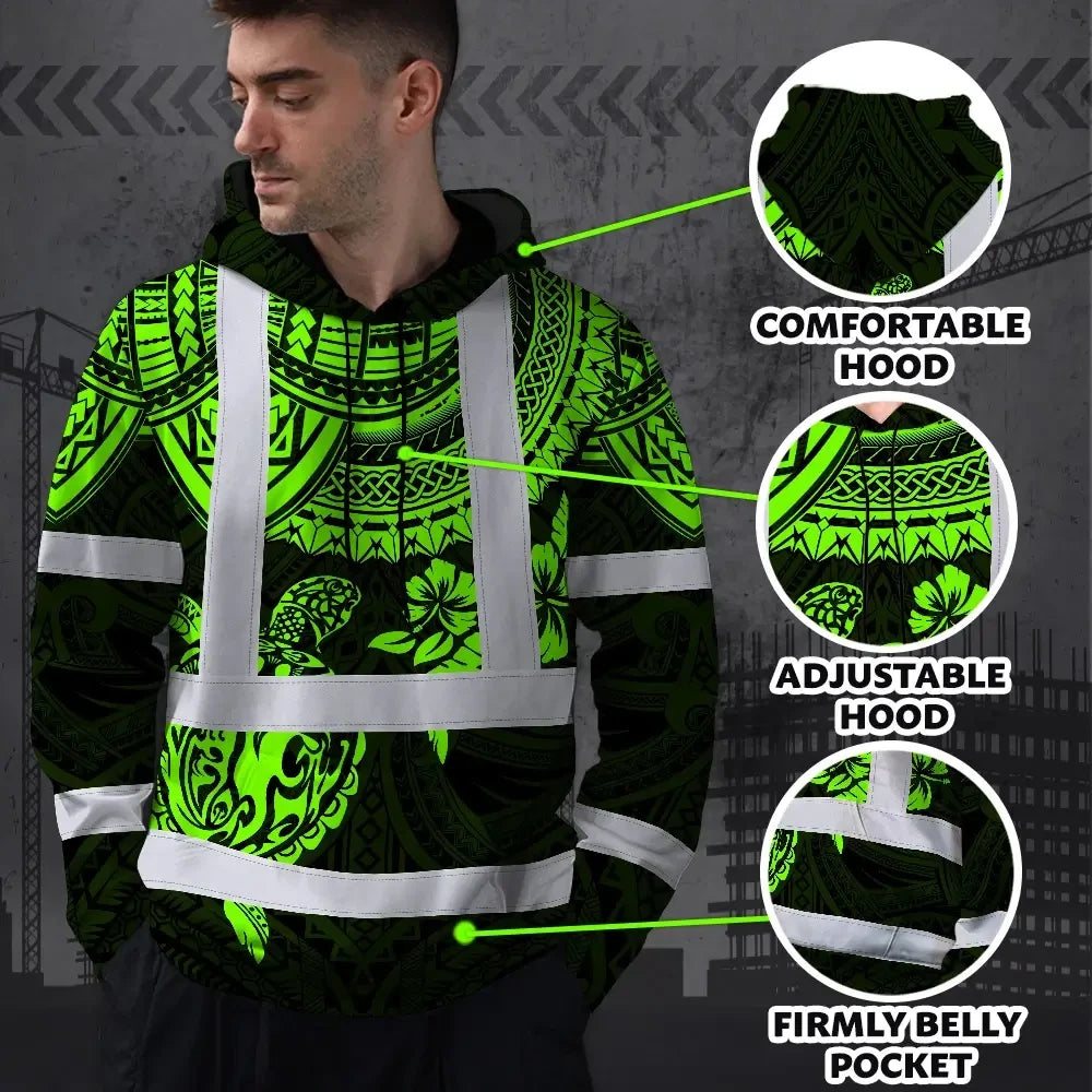 Hi Vis Hoodie Shirt Reflective Tapes Green Turtle Flower Hawaiian Polynesian Tribal Custom Name Safety Workwear For Workers, Truckers, Operators