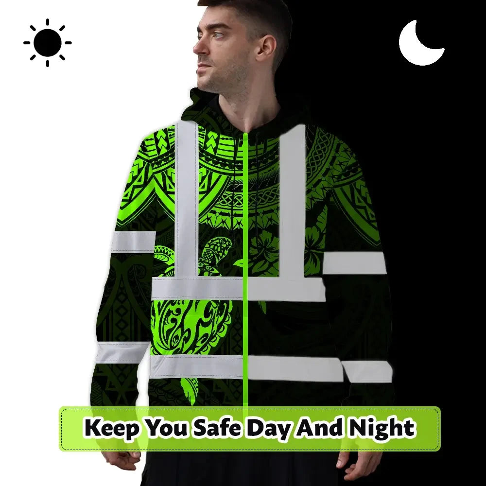 Hi Vis Hoodie Shirt Reflective Tapes Green Turtle Flower Hawaiian Polynesian Tribal Custom Name Safety Workwear For Workers, Truckers, Operators