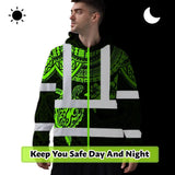 Hi Vis Hoodie Shirt Reflective Tapes Green Turtle Flower Hawaiian Polynesian Tribal Custom Name Safety Workwear For Workers, Truckers, Operators