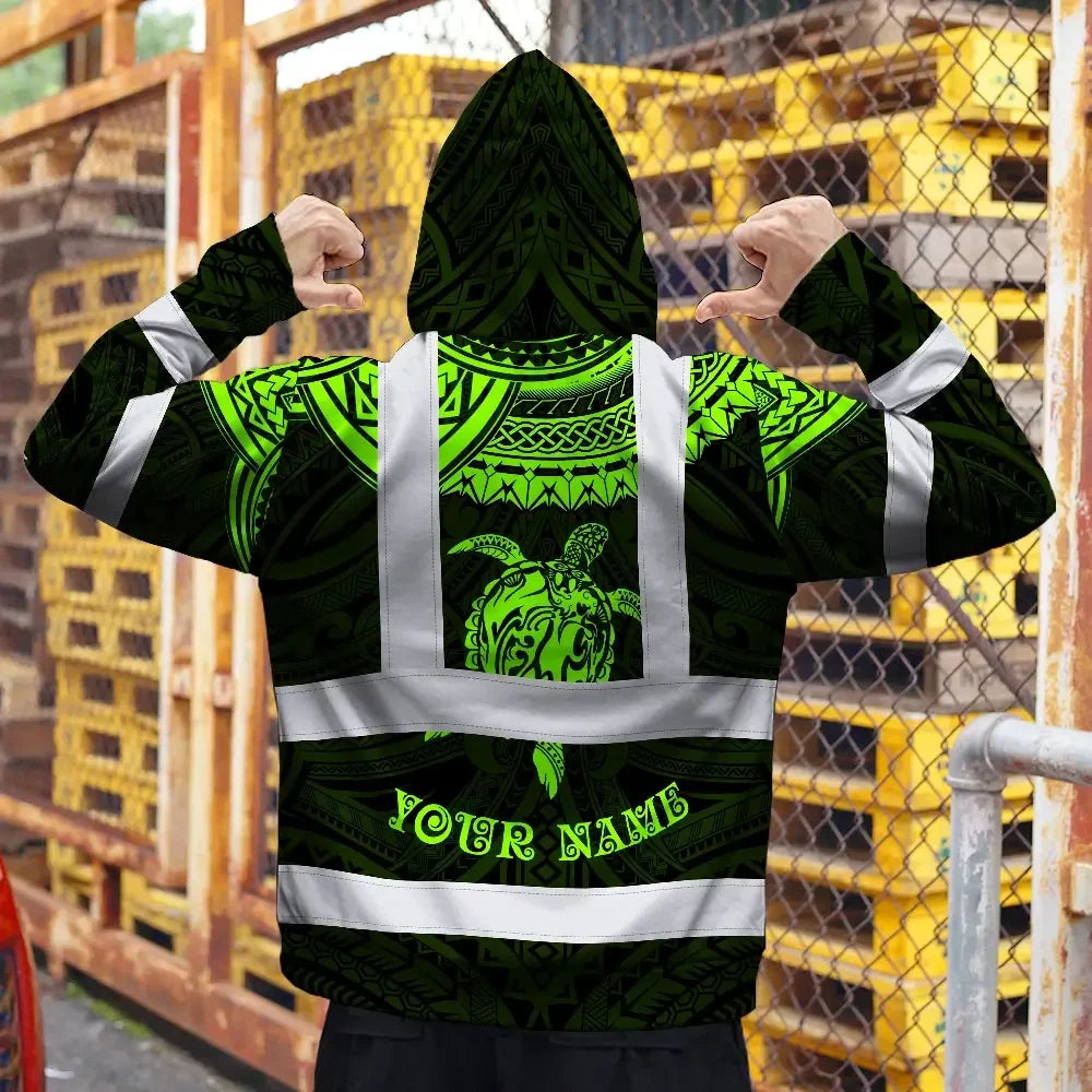 Hi Vis Hoodie Shirt Reflective Tapes Green Turtle Flower Hawaiian Polynesian Tribal Custom Name Safety Workwear For Workers, Truckers, Operators