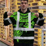 Hi Vis Hoodie Shirt Reflective Tapes Green Turtle Flower Hawaiian Polynesian Tribal Custom Name Safety Workwear For Workers, Truckers, Operators
