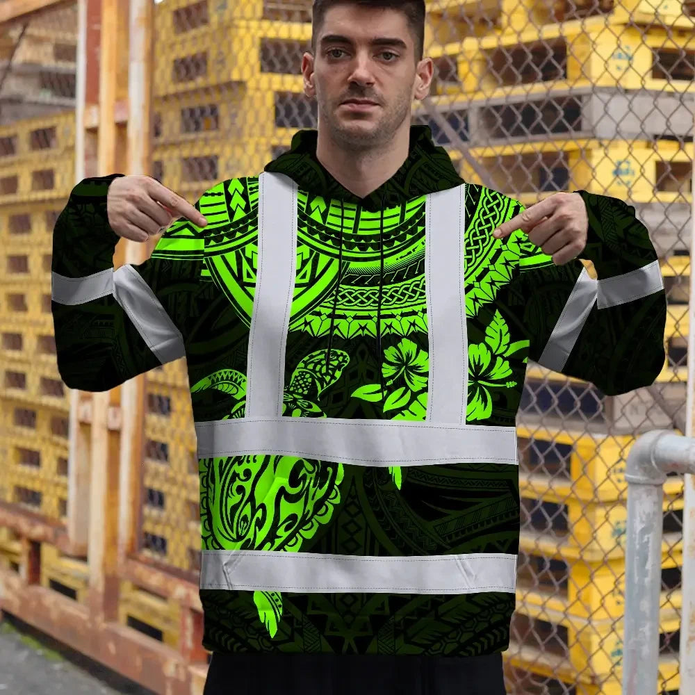 Hi Vis Hoodie Shirt Reflective Tapes Green Turtle Flower Hawaiian Polynesian Tribal Custom Name Safety Workwear For Workers, Truckers, Operators