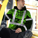 Hi Vis Hoodie Shirt Reflective Tapes Green Turtle Flower Hawaiian Polynesian Tribal Custom Name Safety Workwear For Workers, Truckers, Operators