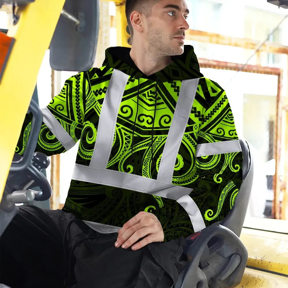 Hi Vis Hoodie Shirt Reflective Tapes  Octopus Hawaiian Polynesian Tribal Custom Name Safety Workwear For Workers, Truckers, Operators