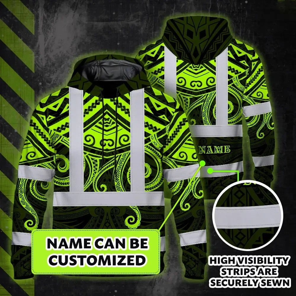 Hi Vis Hoodie Shirt Reflective Tapes  Octopus Hawaiian Polynesian Tribal Custom Name Safety Workwear For Workers, Truckers, Operators