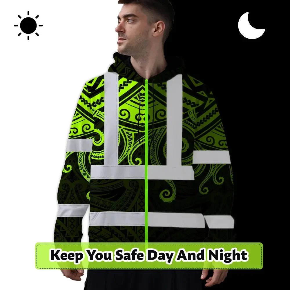 Hi Vis Hoodie Shirt Reflective Tapes  Octopus Hawaiian Polynesian Tribal Custom Name Safety Workwear For Workers, Truckers, Operators