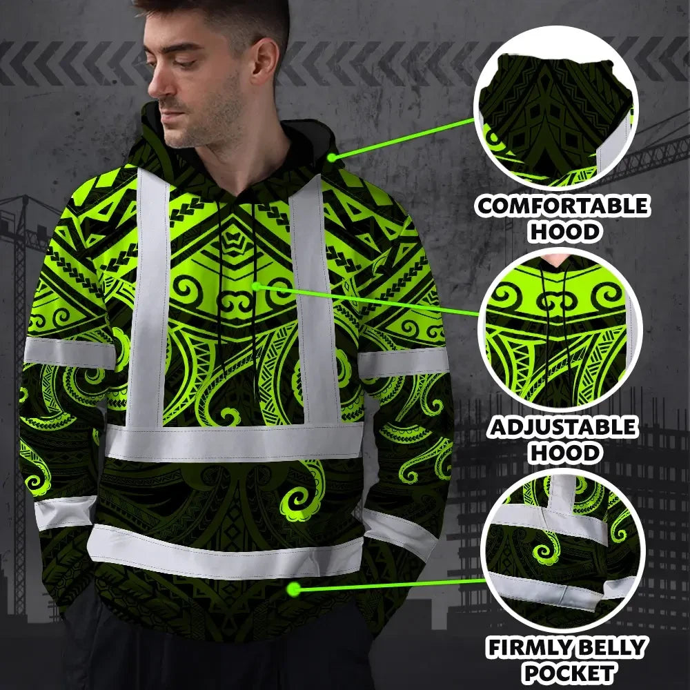 Hi Vis Hoodie Shirt Reflective Tapes  Octopus Hawaiian Polynesian Tribal Custom Name Safety Workwear For Workers, Truckers, Operators