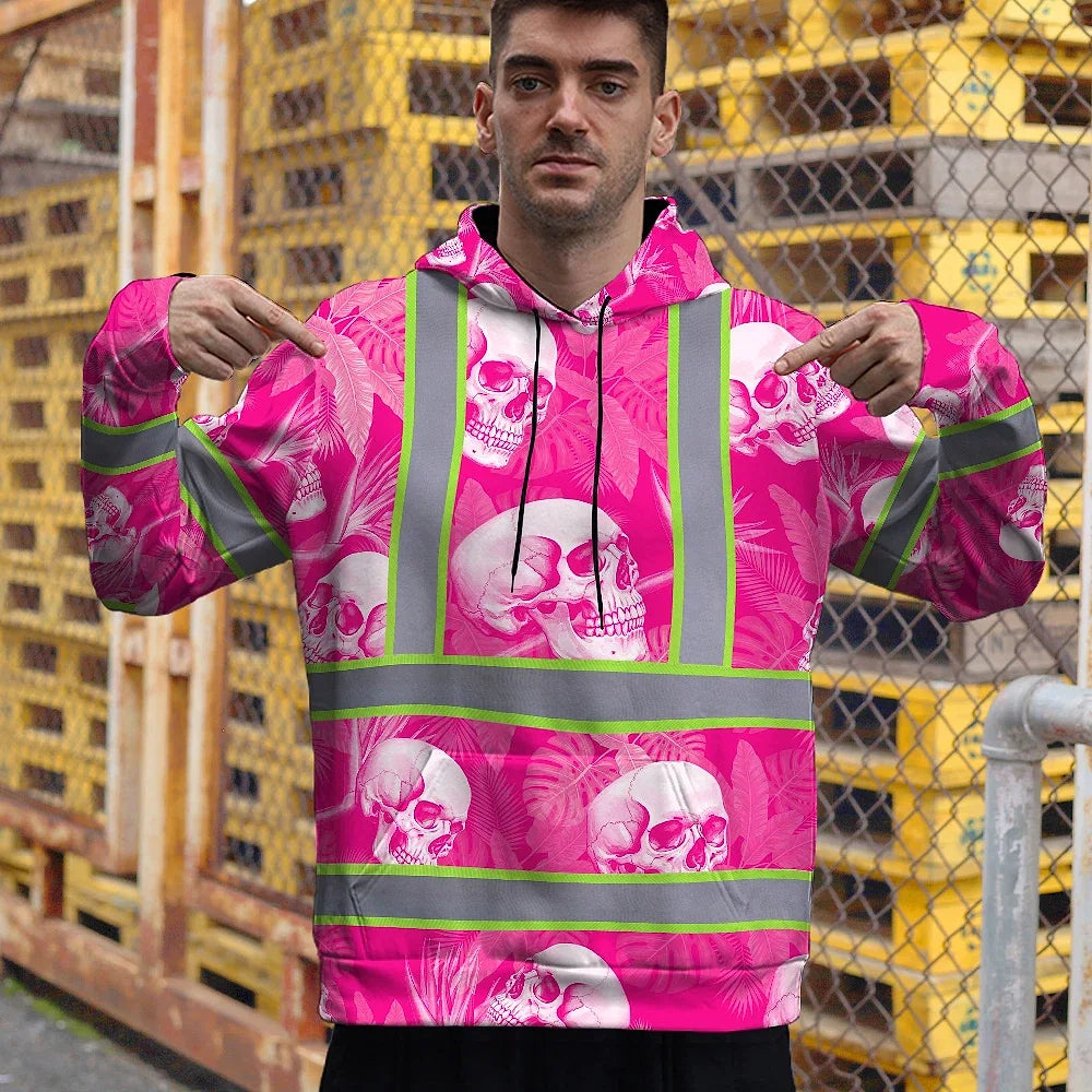 Hi Vis Hoodie Shirt Reflective Tapes Pink Neon White Skull Custom Name Safety Workwear For Workers, Truckers, Operators