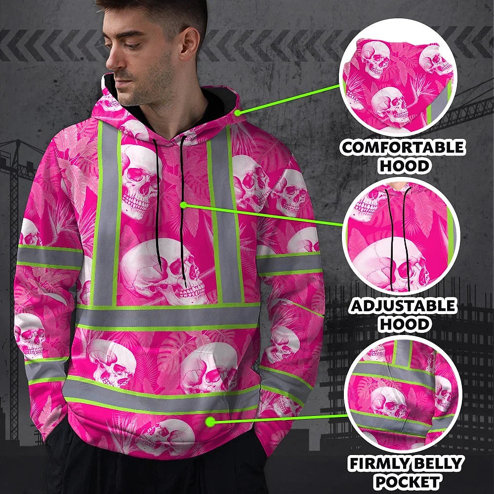 Hi Vis Hoodie Shirt Reflective Tapes Pink Neon White Skull Custom Name Safety Workwear For Workers, Truckers, Operators