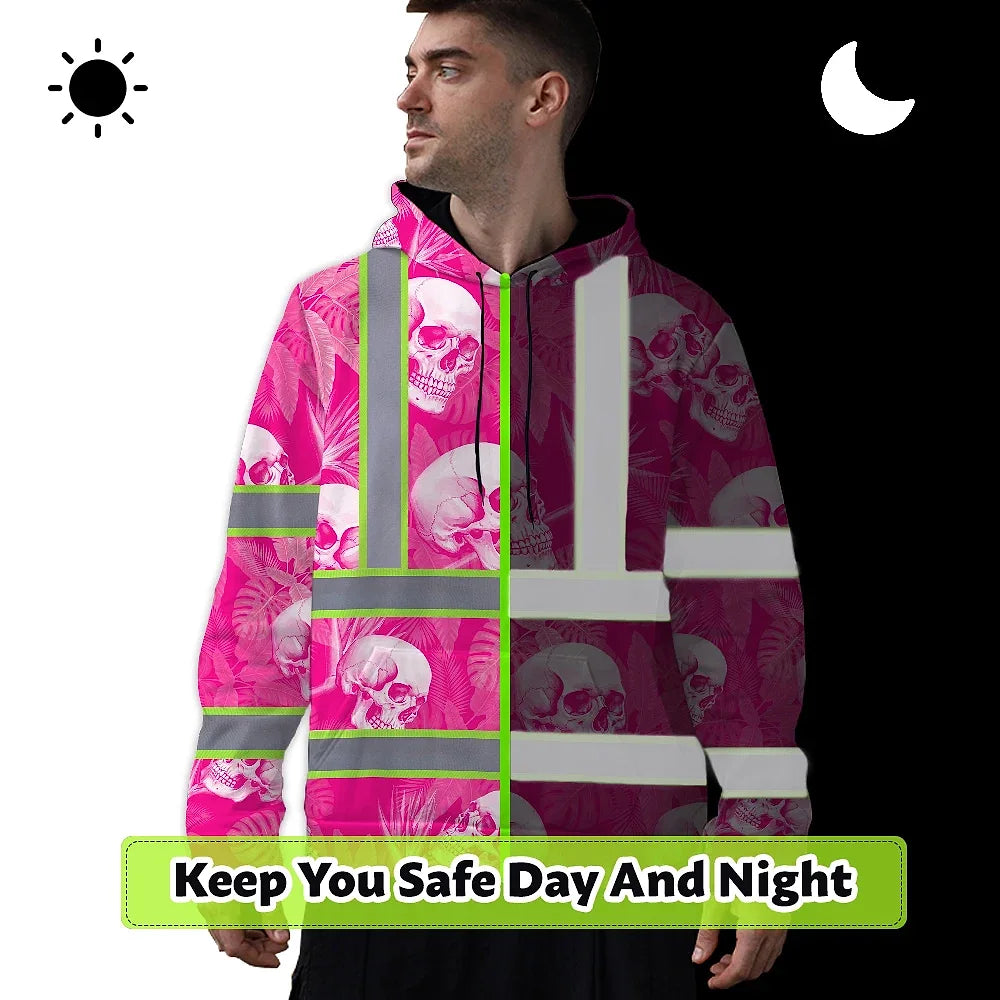 Hi Vis Hoodie Shirt Reflective Tapes Pink Neon White Skull Custom Name Safety Workwear For Workers, Truckers, Operators