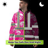 Hi Vis Hoodie Shirt Reflective Tapes Pink Neon White Skull Custom Name Safety Workwear For Workers, Truckers, Operators