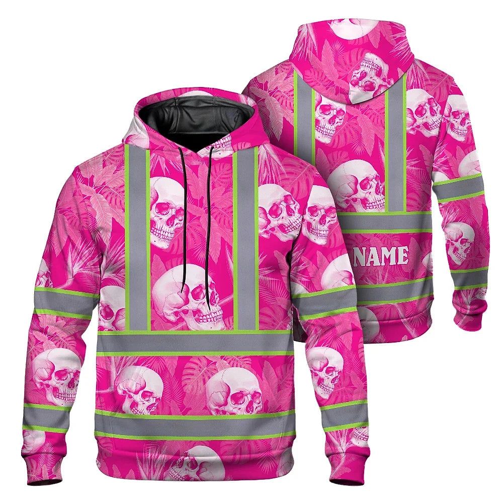 Hi Vis Hoodie Shirt Reflective Tapes Pink Neon White Skull Custom Name Safety Workwear For Workers, Truckers, Operators