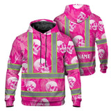 Hi Vis Hoodie Shirt Reflective Tapes Pink Neon White Skull Custom Name Safety Workwear For Workers, Truckers, Operators