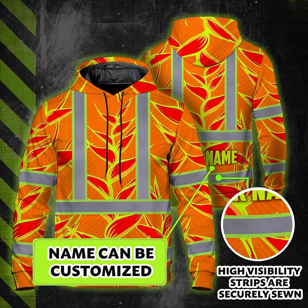 Hi Vis Hoodie Shirt Reflective Tapes Red Neon Lime Heliconia Custom Name Safety Workwear For Workers, Truckers, Operators
