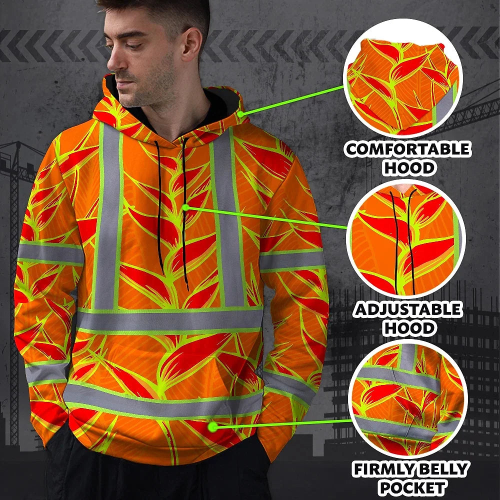 Hi Vis Hoodie Shirt Reflective Tapes Red Neon Lime Heliconia Custom Name Safety Workwear For Workers, Truckers, Operators