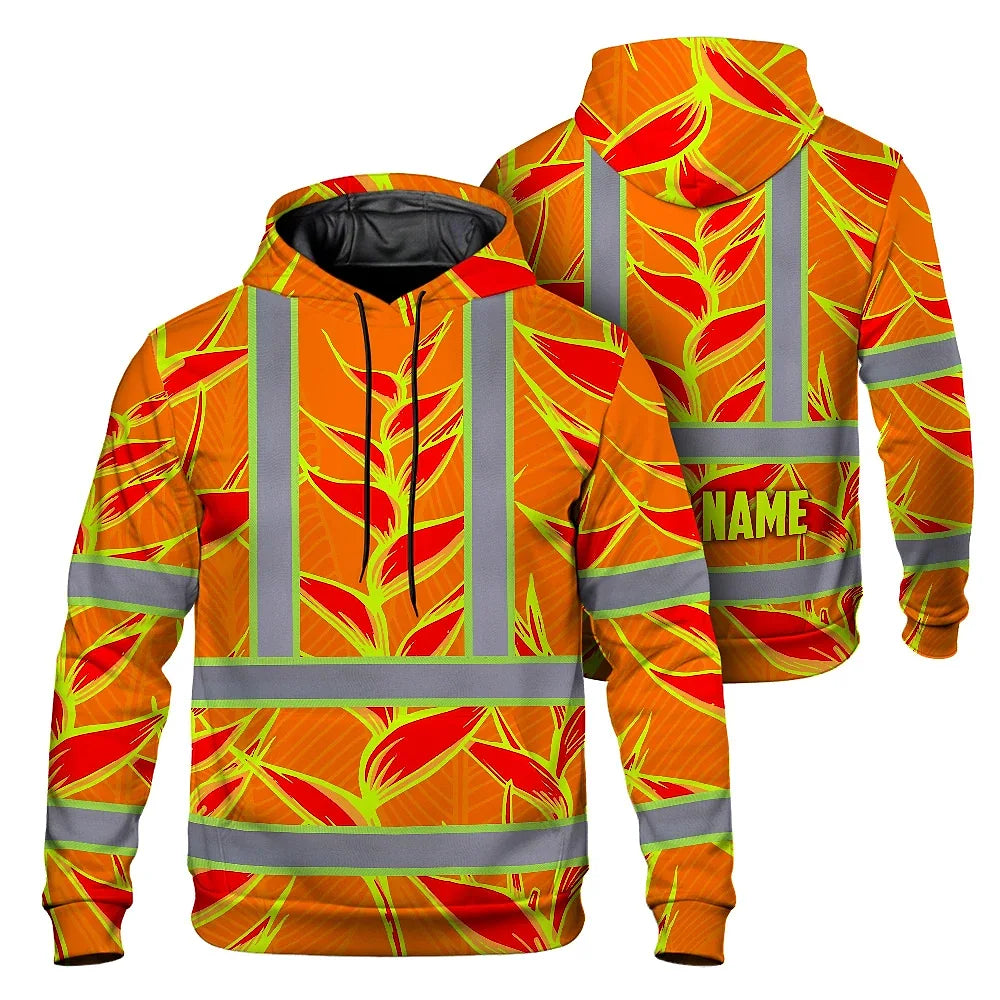 Hi Vis Hoodie Shirt Reflective Tapes Red Neon Lime Heliconia Custom Name Safety Workwear For Workers, Truckers, Operators