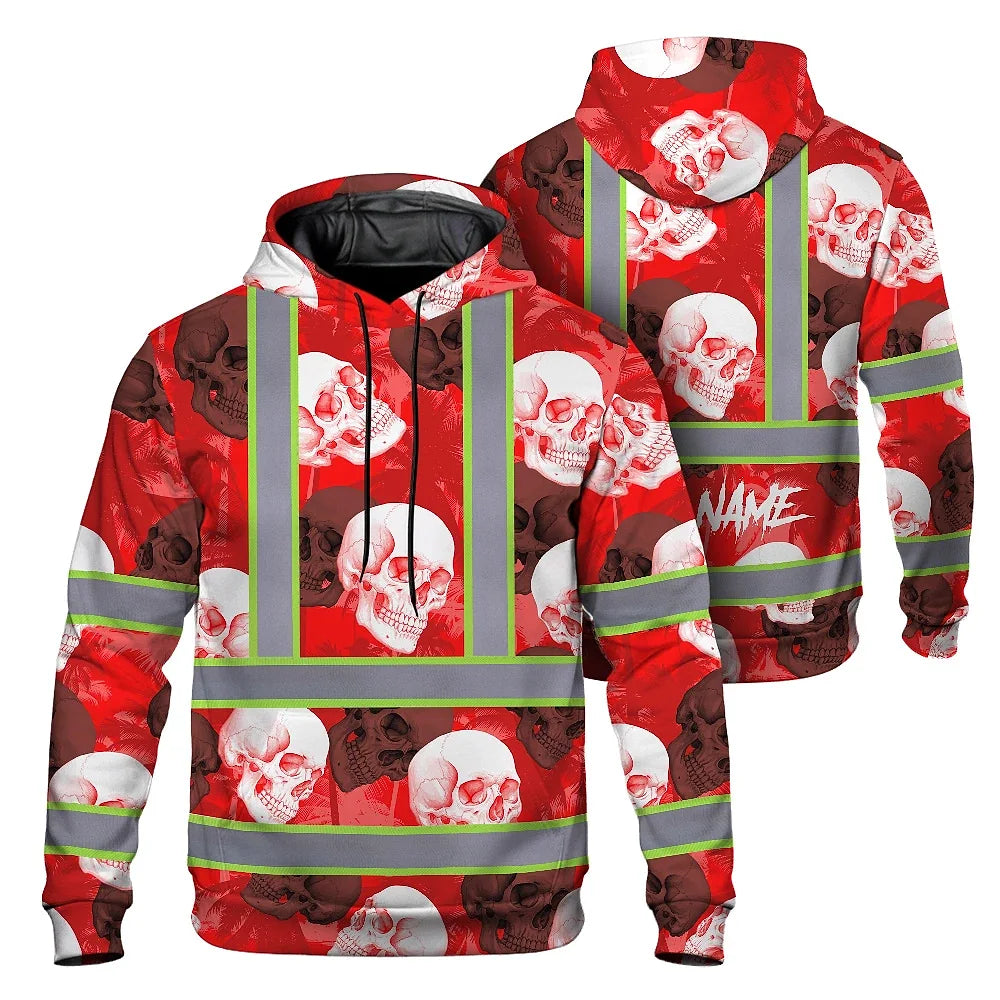 Hi Vis Hoodie Shirt Reflective Tapes Red Neon White Skull Custom Name Safety Workwear For Workers, Truckers, Operators