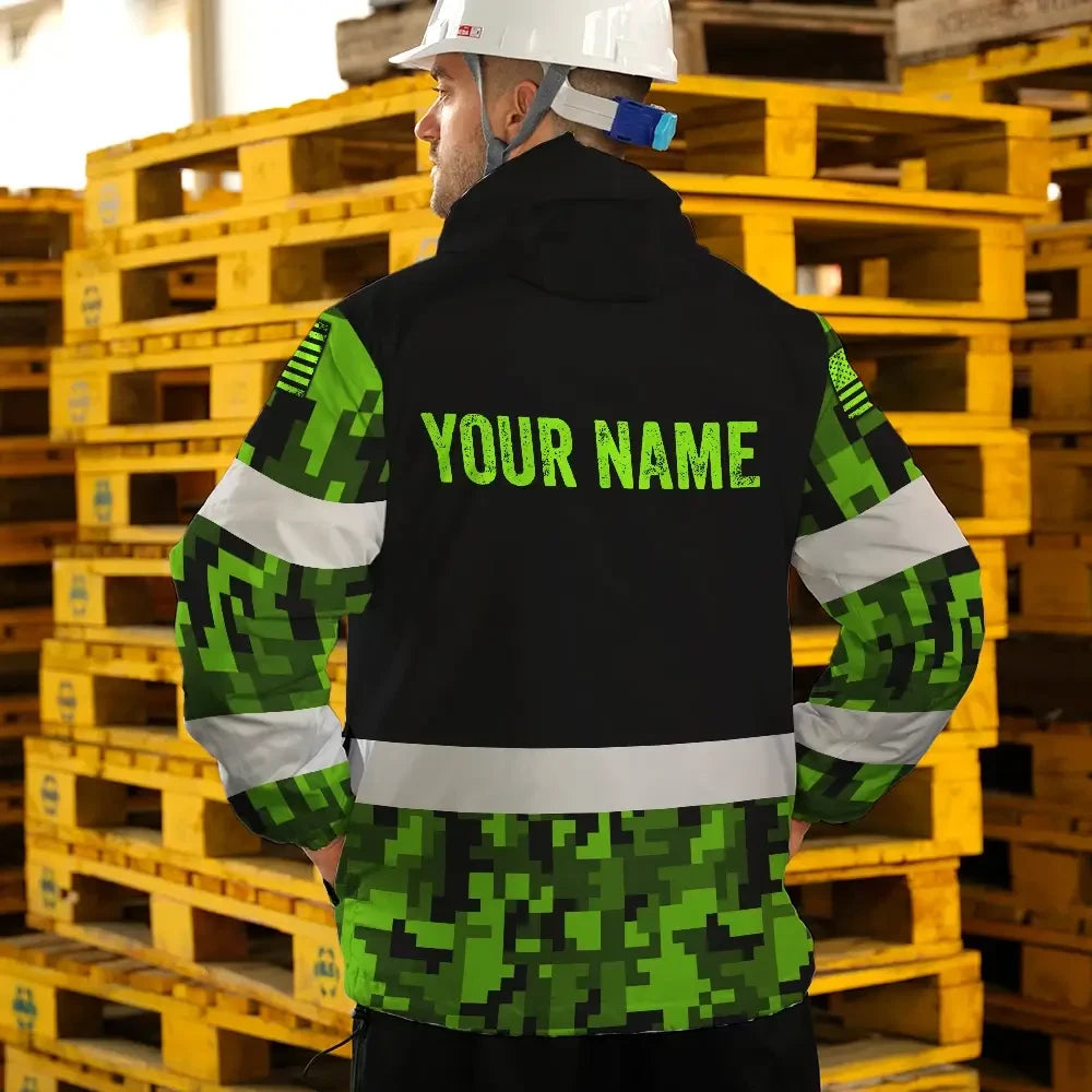 Hi Vis Jacket Waterproof Reflective Green Camo Custom Name Safety Workwear