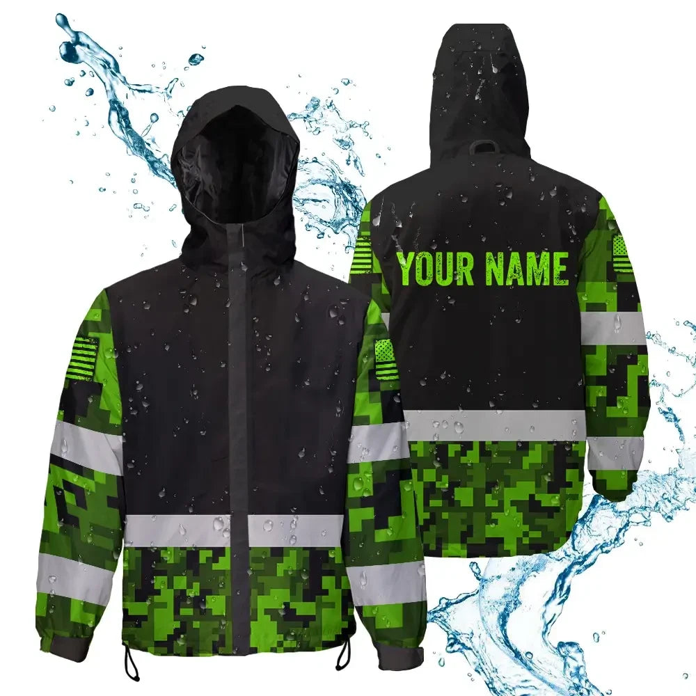 Hi Vis Jacket Waterproof Reflective Green Camo Custom Name Safety Workwear