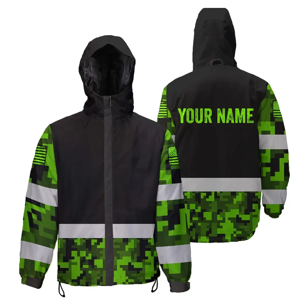 Hi Vis Jacket Waterproof Reflective Green Camo Custom Name Safety Workwear