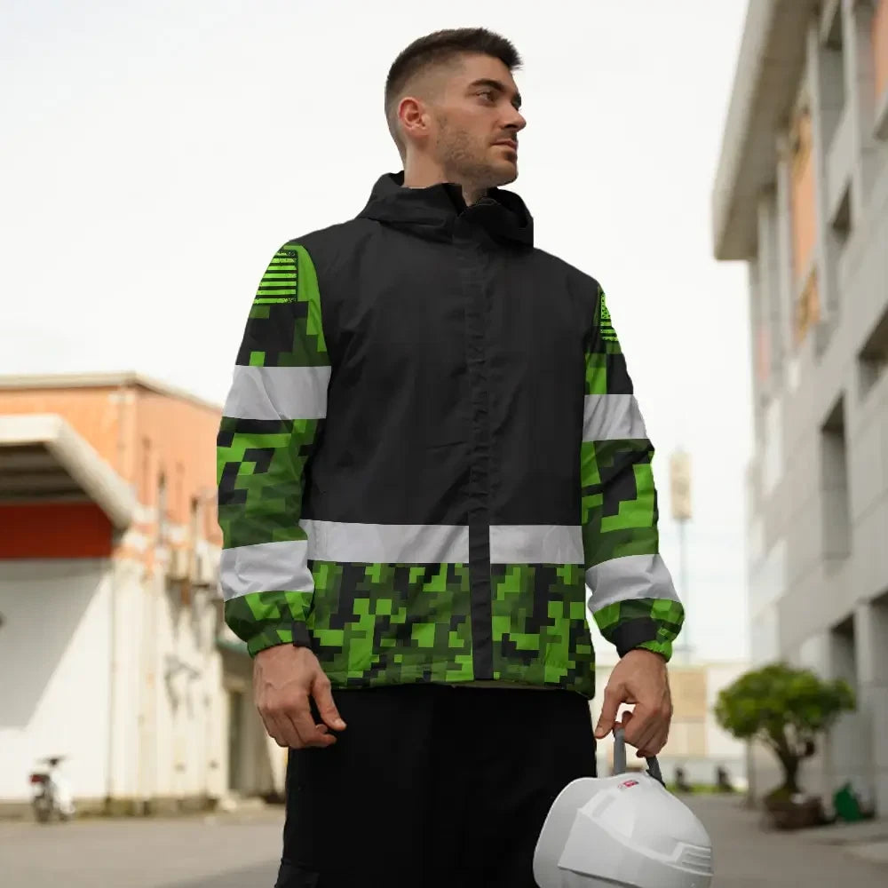 Hi Vis Jacket Waterproof Reflective Green Camo Custom Name Safety Workwear