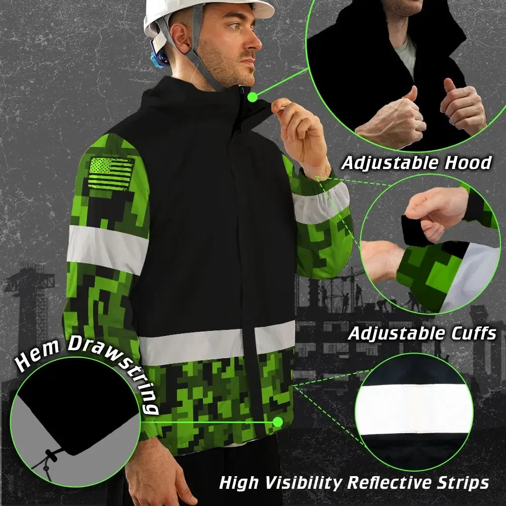 Hi Vis Jacket Waterproof Reflective Green Camo Custom Name Safety Workwear