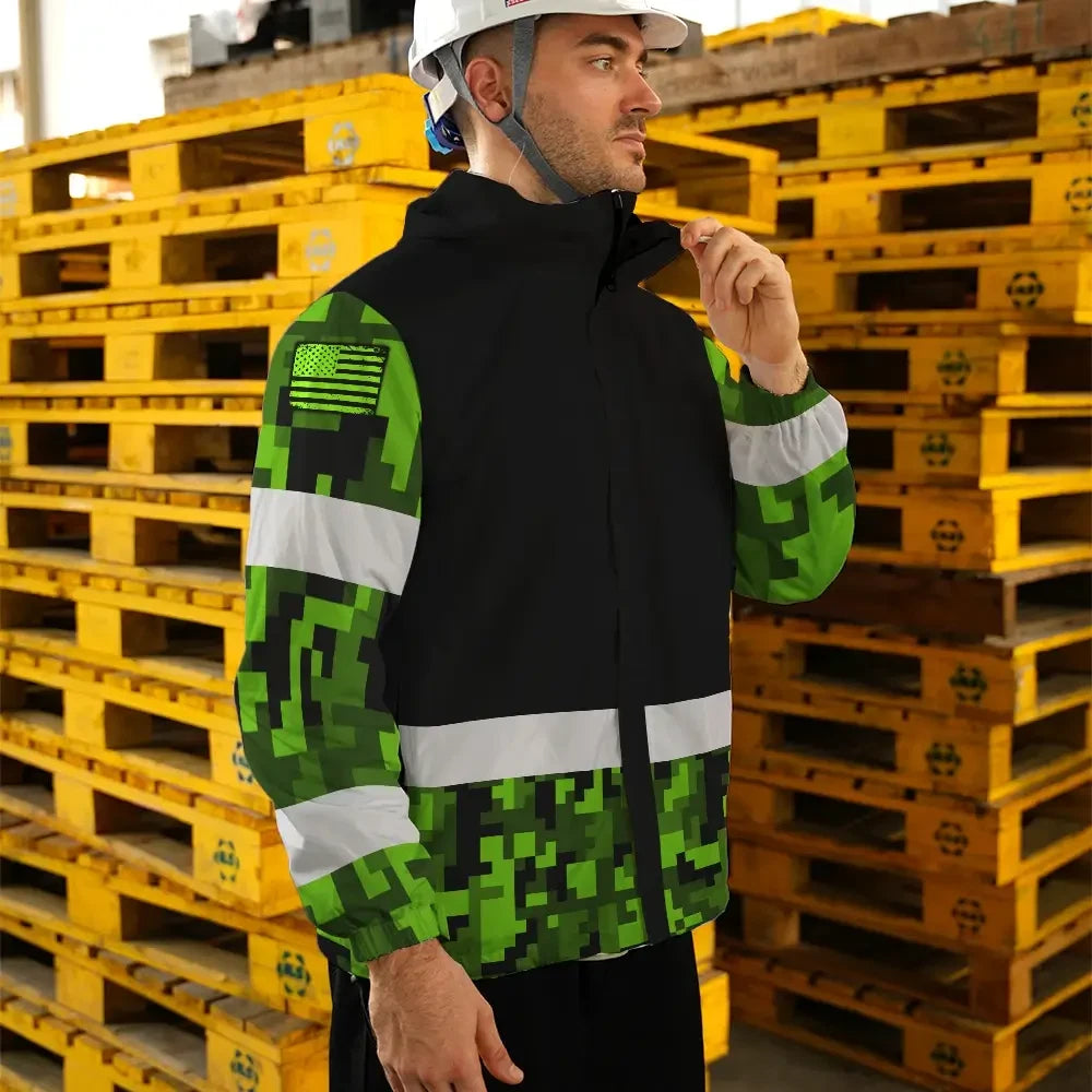 Hi Vis Jacket Waterproof Reflective Green Camo Custom Name Safety Workwear