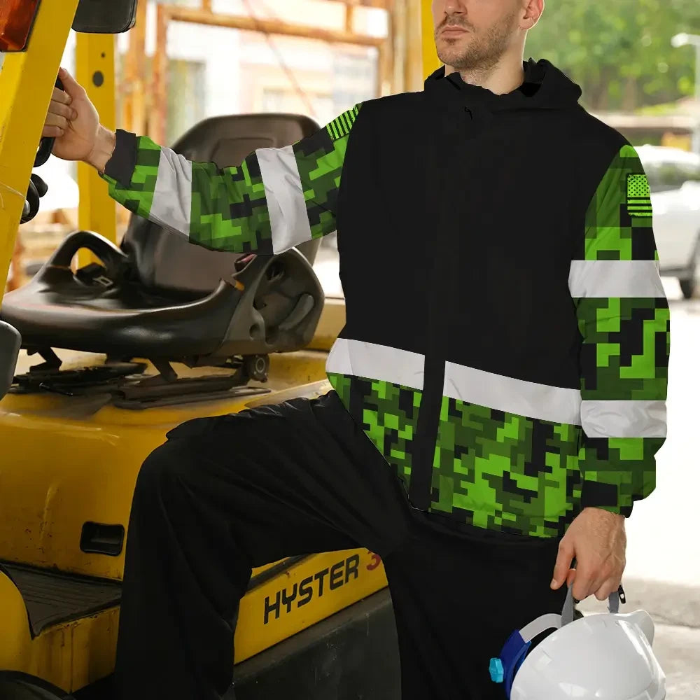 Hi Vis Jacket Waterproof Reflective Green Camo Custom Name Safety Workwear