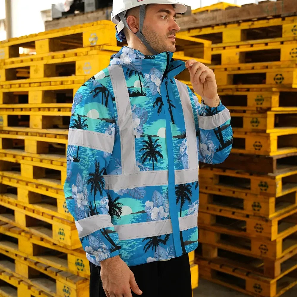 Hi Vis Jacket Waterproof Reflective Tapes Blue Neon Flowers 4 Custom Name Safety Workwear For Workers, Truckers, Operators