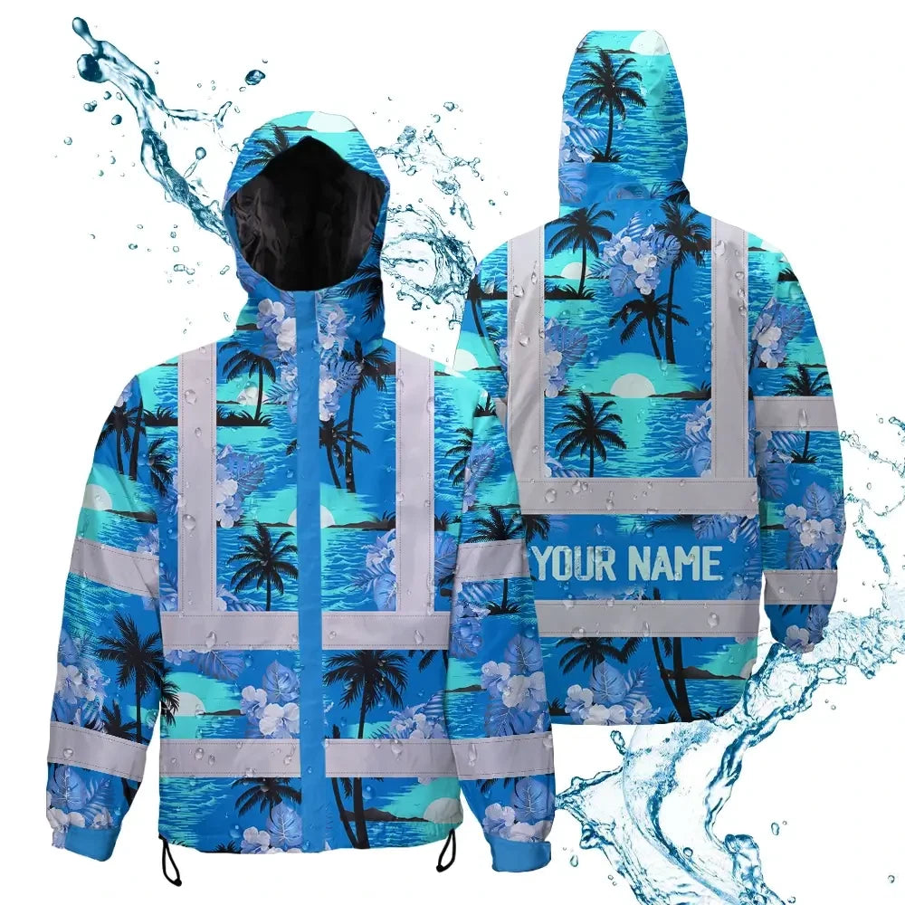 Hi Vis Jacket Waterproof Reflective Tapes Blue Neon Flowers 4 Custom Name Safety Workwear For Workers, Truckers, Operators