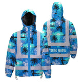 Hi Vis Jacket Waterproof Reflective Tapes Blue Neon Flowers 4 Custom Name Safety Workwear For Workers, Truckers, Operators