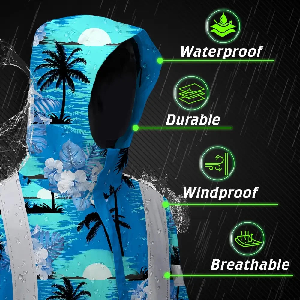 Hi Vis Jacket Waterproof Reflective Tapes Blue Neon Flowers 4 Custom Name Safety Workwear For Workers, Truckers, Operators