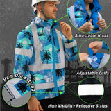 Hi Vis Jacket Waterproof Reflective Tapes Blue Neon Flowers 4 Custom Name Safety Workwear For Workers, Truckers, Operators