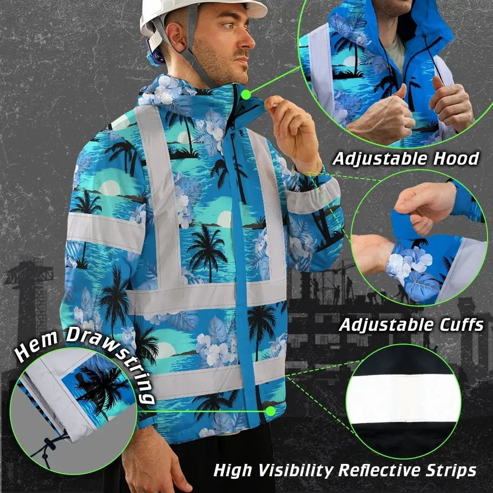 Hi Vis Jacket Waterproof Reflective Tapes Blue Neon Flowers 4 Custom Name Safety Workwear For Workers, Truckers, Operators