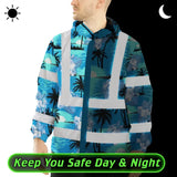 Hi Vis Jacket Waterproof Reflective Tapes Blue Neon Flowers 4 Custom Name Safety Workwear For Workers, Truckers, Operators