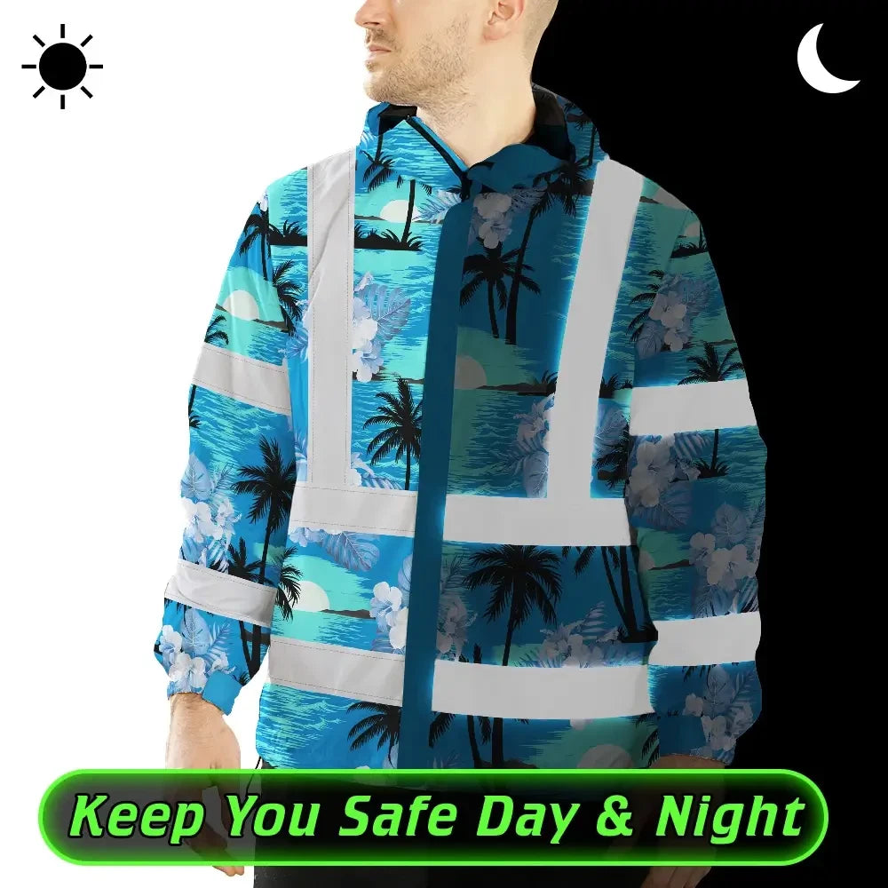 Hi Vis Jacket Waterproof Reflective Tapes Blue Neon Flowers 4 Custom Name Safety Workwear For Workers, Truckers, Operators