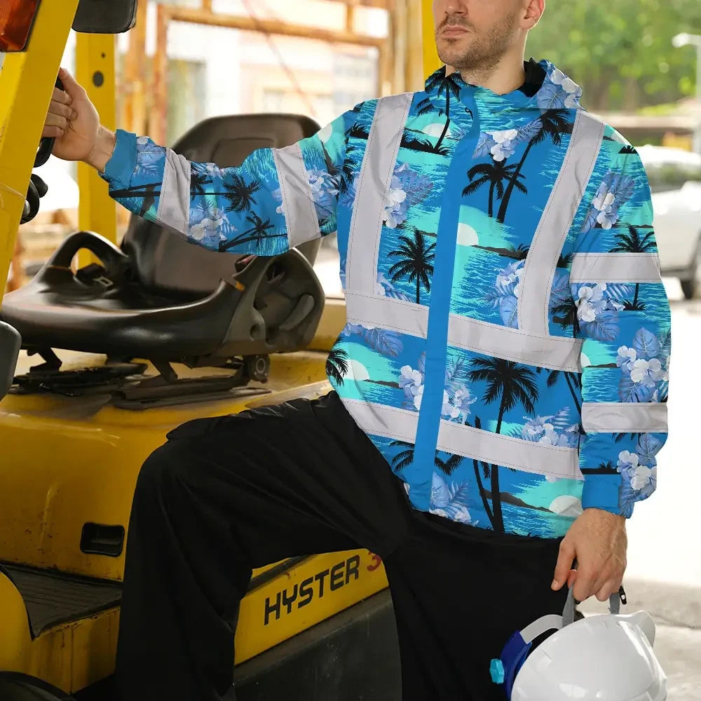 Hi Vis Jacket Waterproof Reflective Tapes Blue Neon Flowers 4 Custom Name Safety Workwear For Workers, Truckers, Operators