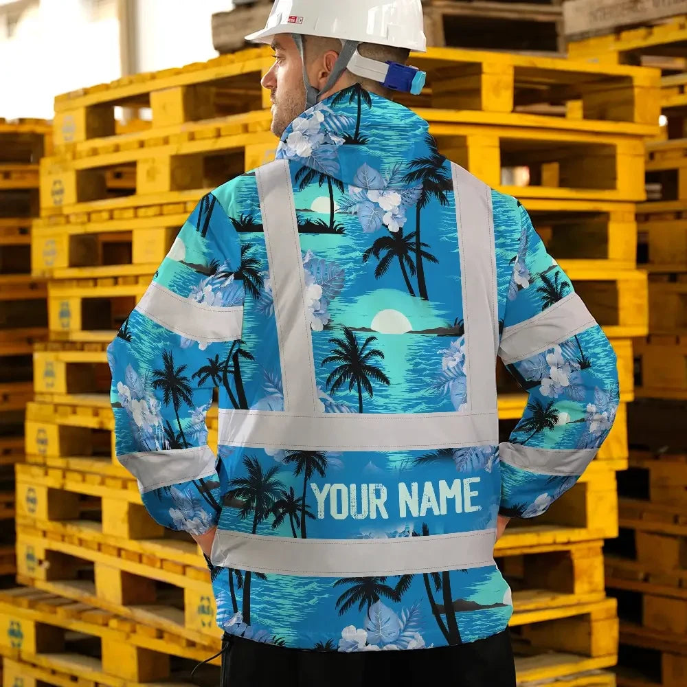 Hi Vis Jacket Waterproof Reflective Tapes Blue Neon Flowers 4 Custom Name Safety Workwear For Workers, Truckers, Operators