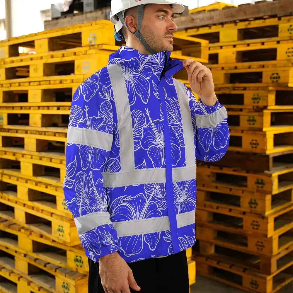 Hi Vis Jacket Waterproof Reflective Tapes Blue Neon Flowers Custom Name Safety Workwear For Workers, Truckers, Operators
