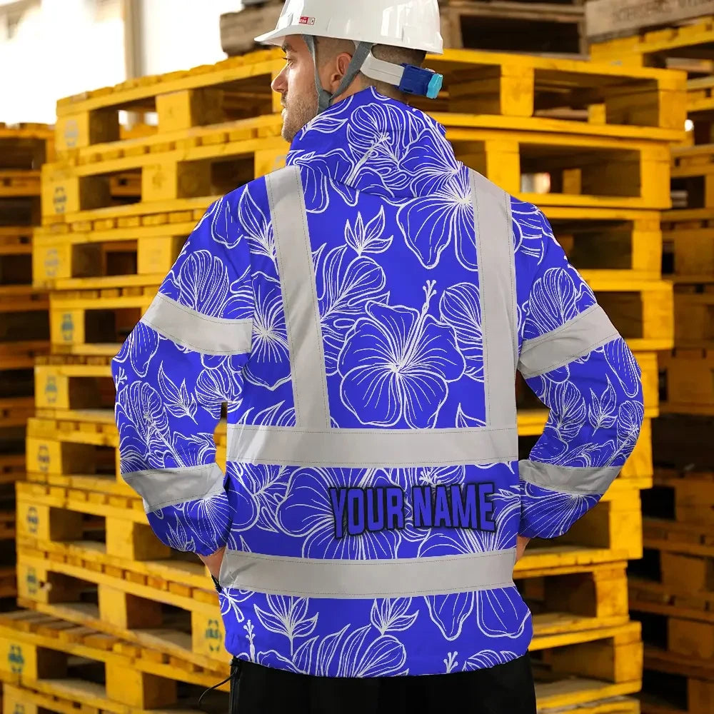 Hi Vis Jacket Waterproof Reflective Tapes Blue Neon Flowers Custom Name Safety Workwear For Workers, Truckers, Operators