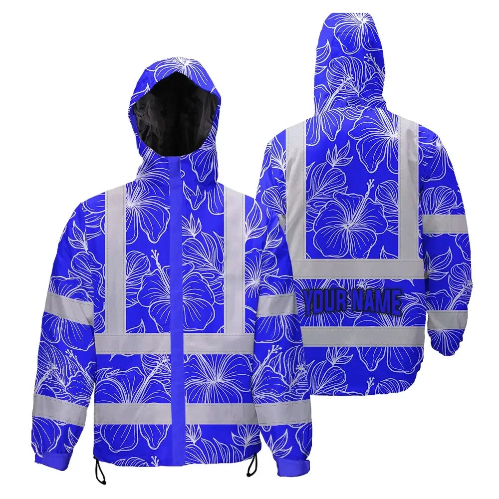 Hi Vis Jacket Waterproof Reflective Tapes Blue Neon Flowers Custom Name Safety Workwear For Workers, Truckers, Operators